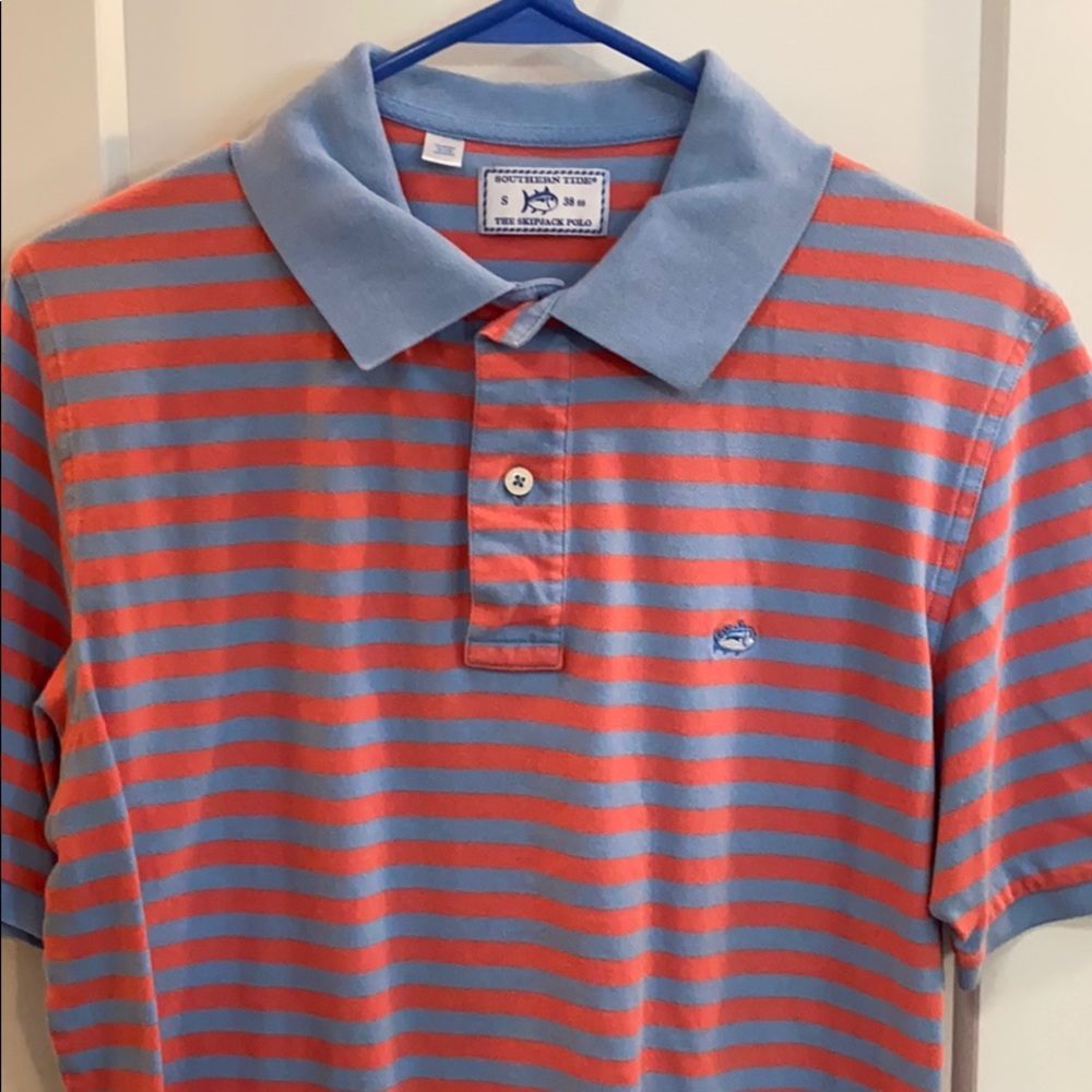 Men’s southern tide salmon striped polo, small!